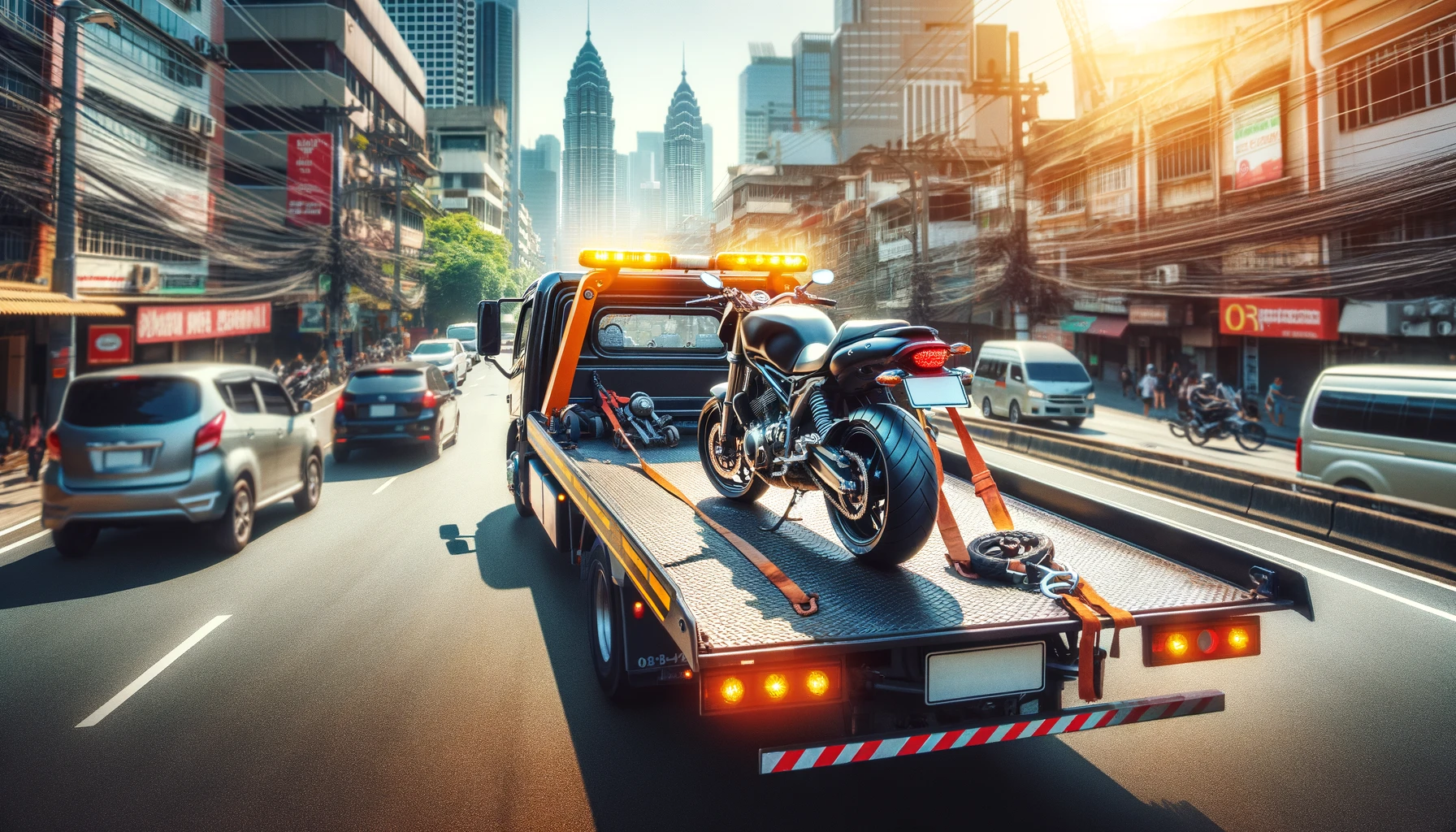 Flatbed tow truck carrying a motorcycle through city traffic