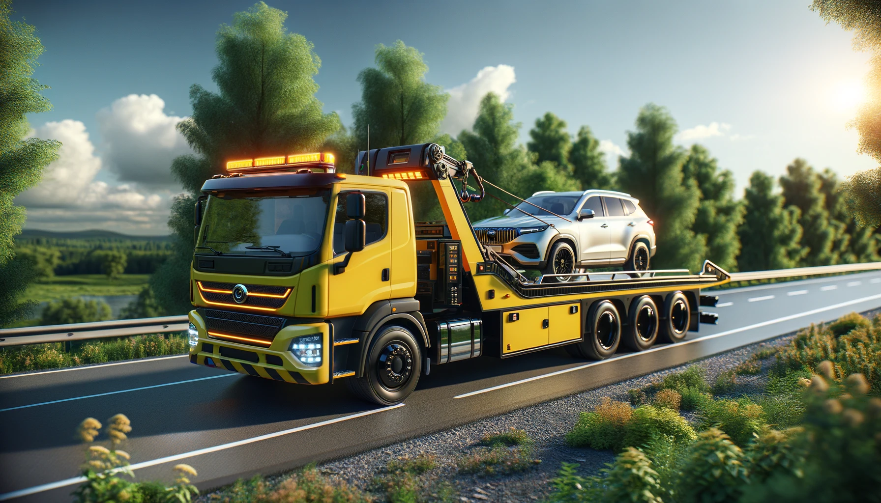 Yellow flatbed tow truck carrying a white SUV along the highway