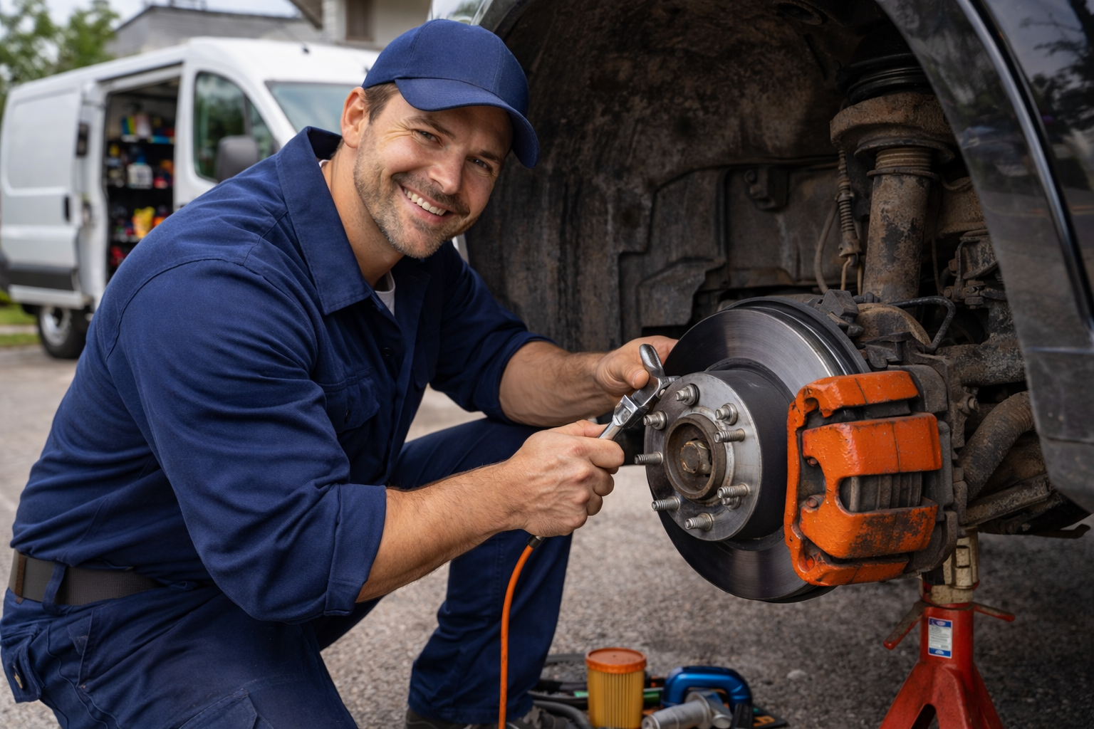 Mechanic working on a brake rotor and caliper with the wheel removed